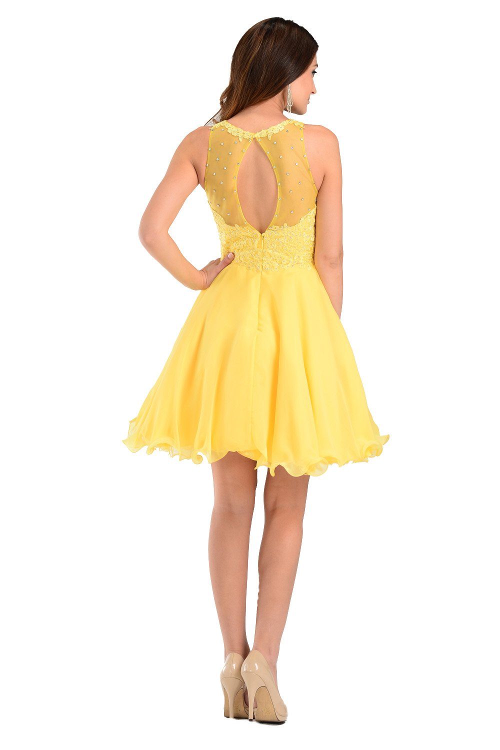 Yellow Short Chiffon Dress with Lace Applique Top by Poly USA-Short Cocktail Dresses-ABC Fashion