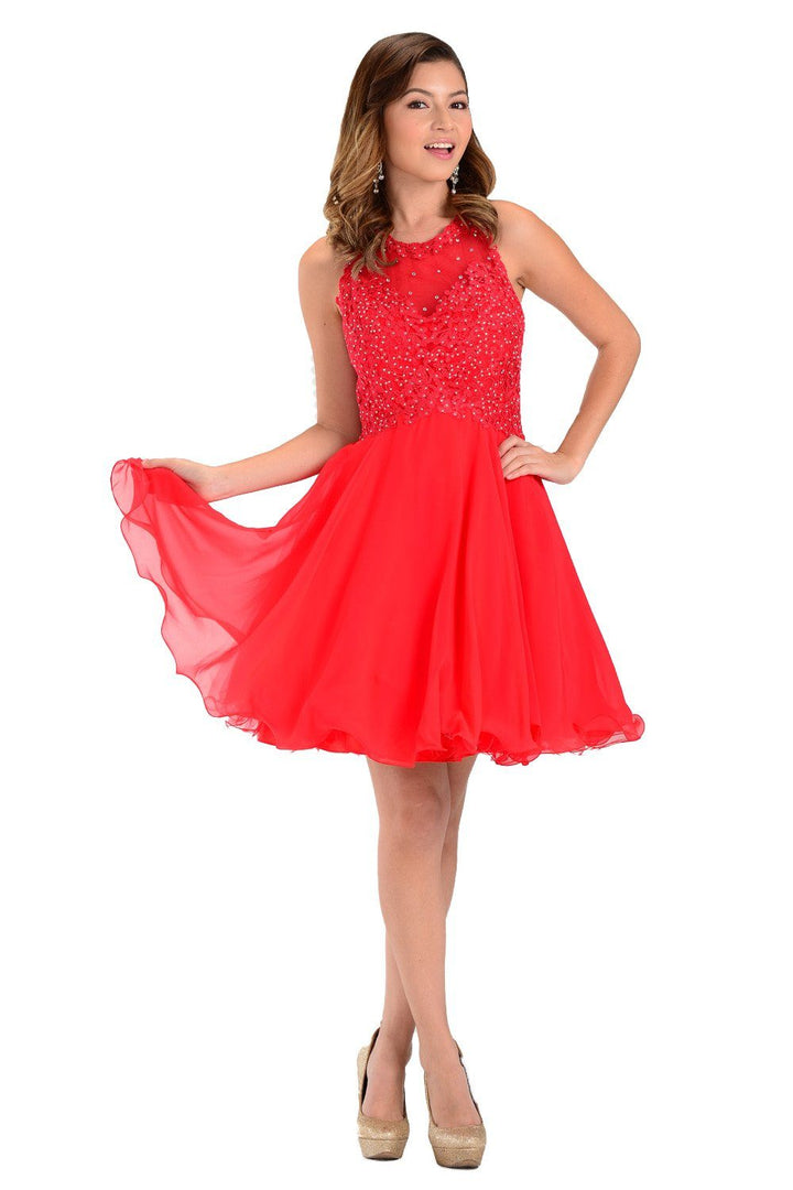 Yellow Short Chiffon Dress with Lace Applique Top by Poly USA-Short Cocktail Dresses-ABC Fashion