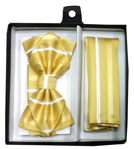 Yellow Striped Bow Tie with Pocket Square (Pointed Tip)-Men's Bow Ties-ABC Fashion