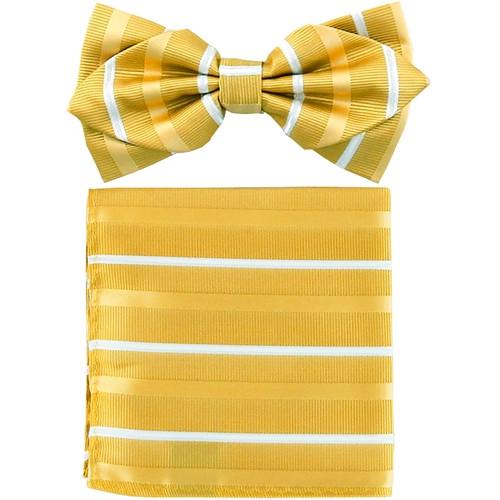 Yellow Striped Bow Tie with Pocket Square (Pointed Tip)-Men's Bow Ties-ABC Fashion